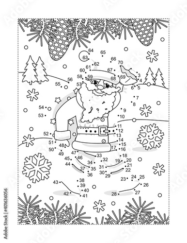 Santa delivering presents full page connect the dots puzzle and coloring page
