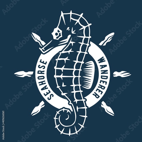 Marine seahorse and helm wheel logo. Nautical wanderlust and adventure illustration. Ocean explorer