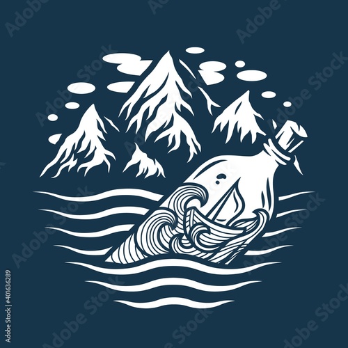 Marine boat on the waves inside the bottle and mountain. Nautical wanderlust and adventure illustration