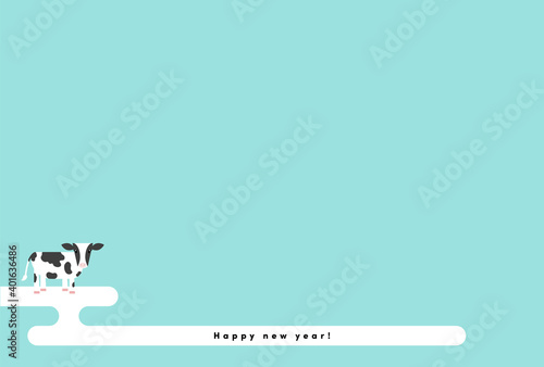 シンプルでかわいい牛とhappy new yearの文字と日本の伝統的な文様エ霞入り年賀状・ハガキサイズのイラスト 水色背景
