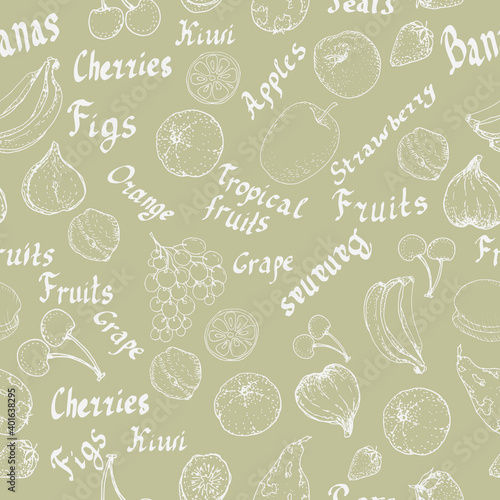 Fruits. Lettering in English, lettering, calligraphy. Exotic. Healthy eating. Seamless patern. Vector hand-drawn graphic illustration. Diet, menu, juice, jam. Apples, cherries, bananas. 