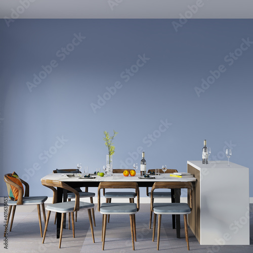 Fototapeta Naklejka Na Ścianę i Meble -  table and chairs in the room, 3d render, empty blue wall