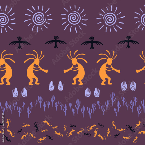 Mythical, design with trickster god, swirl icons on human palm, sun, eagle.