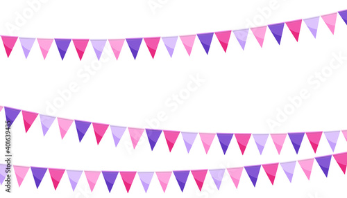 Violet pink paper bunting party flags isolated on white background.