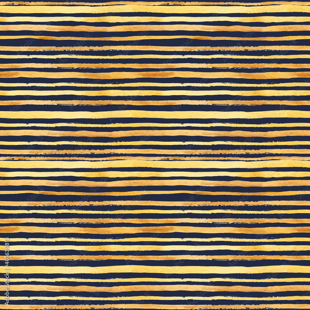 Fototapeta premium Seamless texture of watercolor based stripes. Bright print with horizontal golden strips on dark background