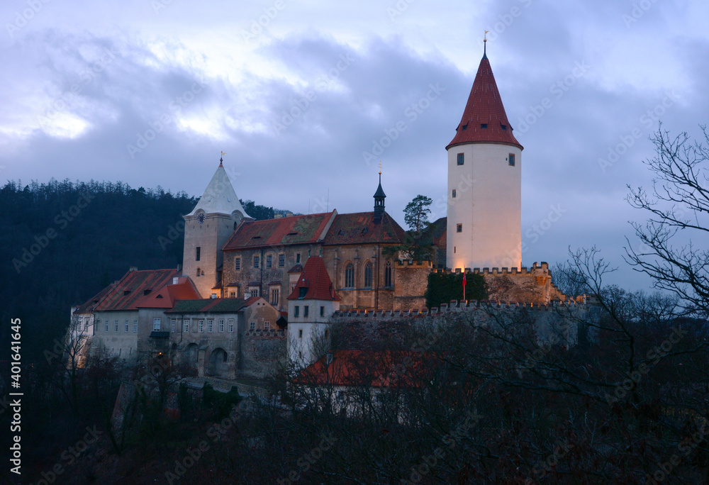 Castle Krivoklat in Czech Republic, during the evening