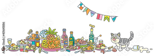 After a joyous celebration, a funny fat cat in good mood walking on a festive table among various drinks and tasty food, vector cartoon illustration isolated on a white background