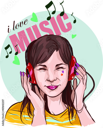 Cute girl in headphones listening to music stock illustration