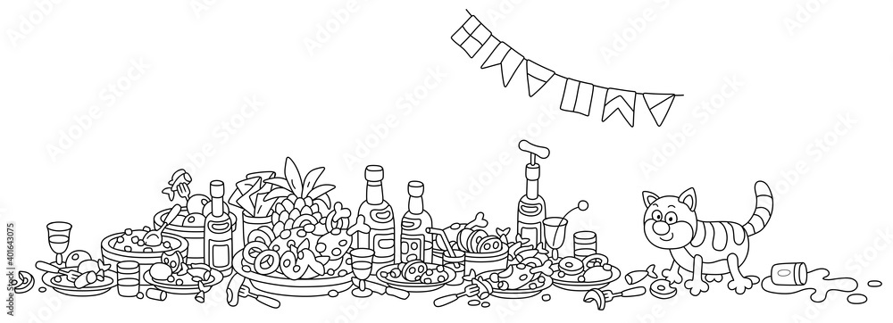 After a joyous celebration, a funny fat cat in good mood walking on a festive table among various drinks and tasty food, black and white outline vector cartoon illustration isolated on a white backgro