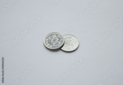 South Korean 500 Won Coins isolated white background