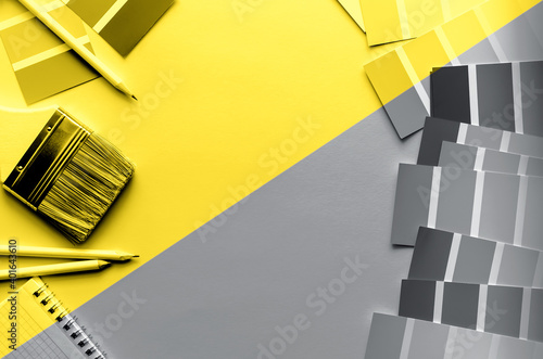 Color samples palette catalog with brush in two trendy colors of 2021 year illuminating and ultimate gray