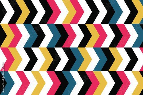 Abstract background pattern made with geometric chevron shapes. Vibrant, modern and colorful vector art in red, blue, yellow and black colors.