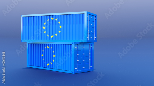 Two Europran Union EU cargo shipping containers set stacked on top of each other isolated Europe products market industry, business and production, retail, goods import and export abstract concept, 3d photo