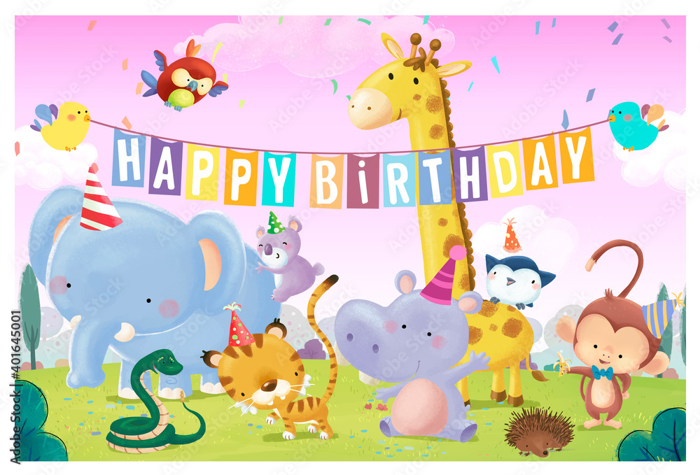 Naklejka premium Birthday greetings in the field with animals