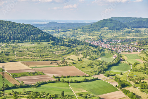 Schwäbische Alb (Swabian Alb) near Stuttgart – Germany, Beautiful View, Hilly, Landscape, green, village, horizon, cloudscape