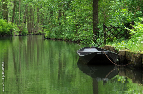 Old boat on canal in the Spreewald Biosphere Reserve in Germany  Europe