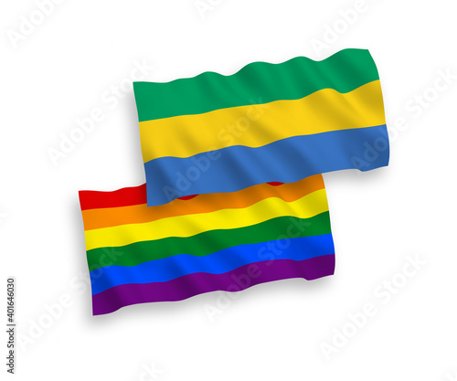 National vector fabric wave flags of Rainbow gay pride and Gabon isolated on white background. 1 to 2 proportion.