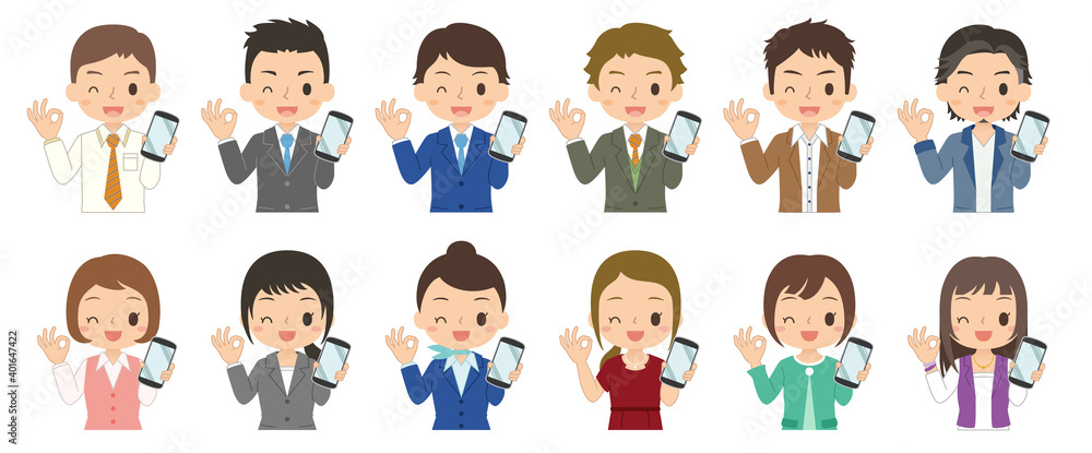 Fototapeta premium OKサインでスマホを持つ女性と男性 セット イラスト