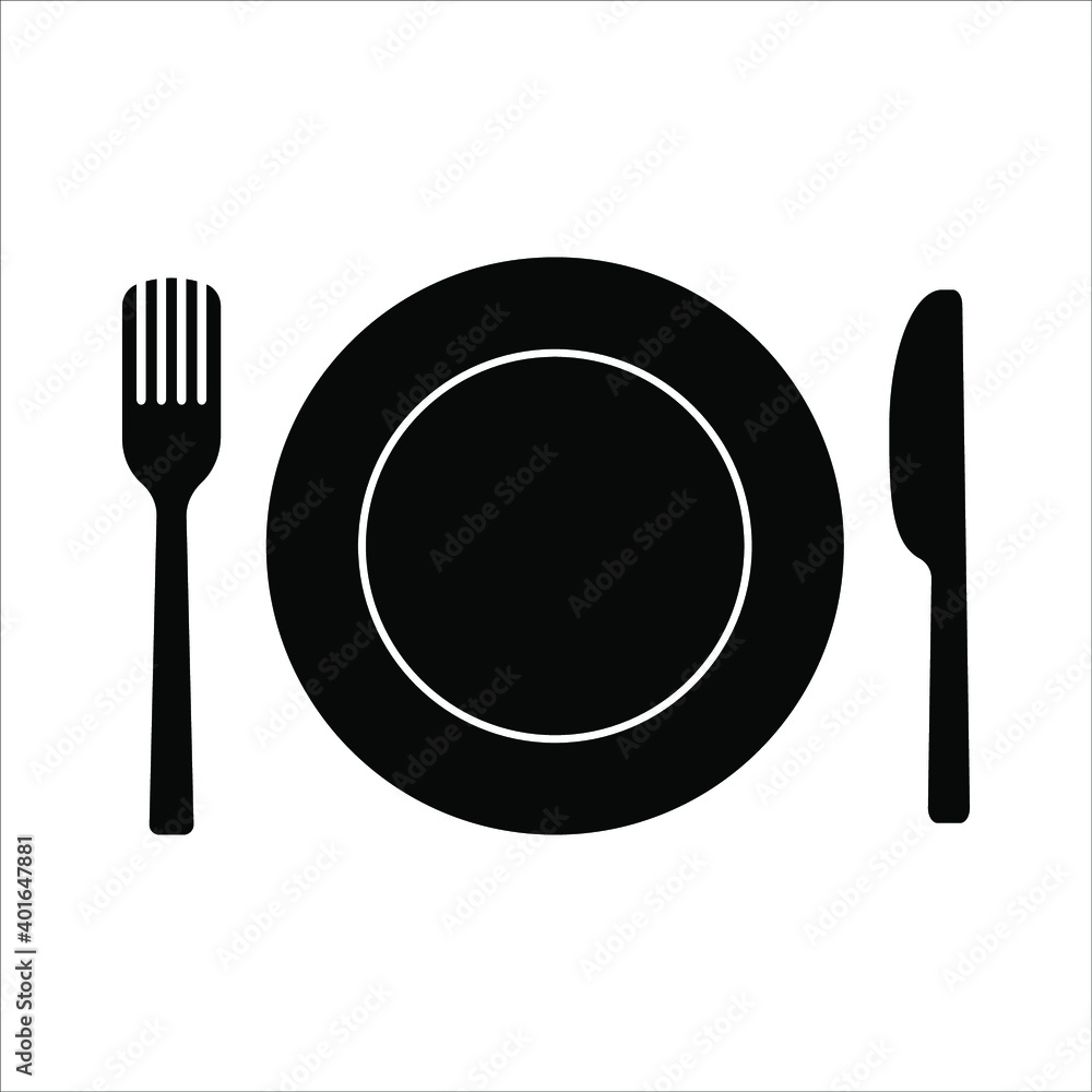 Plate, fork and knife icon in flat style. Food symbol isolated on white background. Bar, cafe, hotel concept