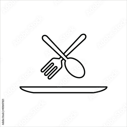 Plate, fork and knife icon in flat style. Food symbol isolated on white background. Bar, cafe, hotel concept