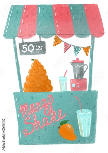 Hand drawn illustration of cute mango shake stand. Cosy retro counter.  Cartoon style indian mango shake stand.