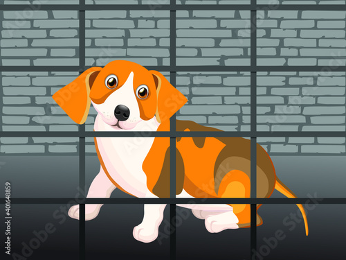 A poor abandoned homeless dog in the animal shelter cage. Vector illustration to popularize the adoption of homeless animals.