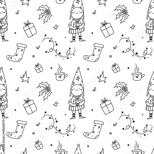 Perky pattern with holiday elf, gifts and holly on white background