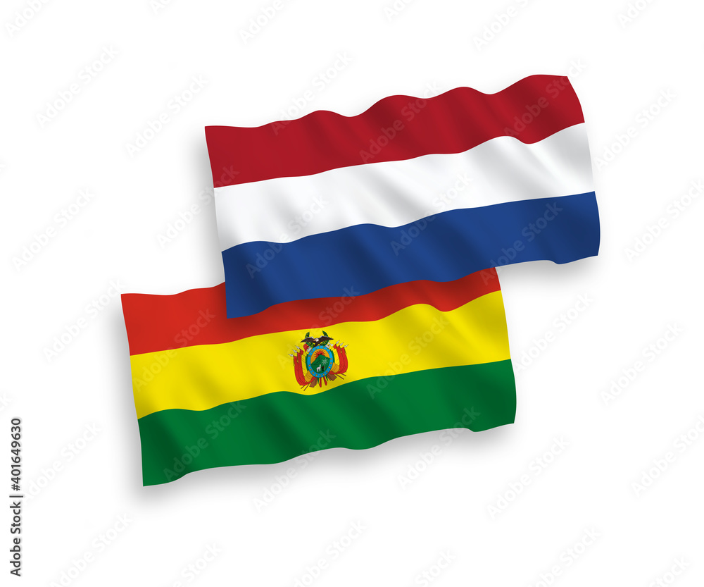 Fototapeta premium National vector fabric wave flags of Bolivia and Netherlands isolated on white background. 1 to 2 proportion.