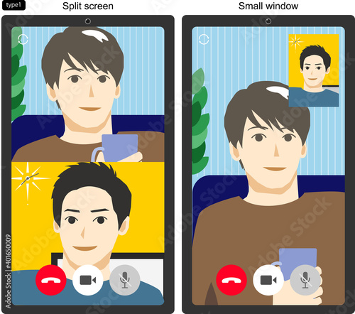 ビデオ通話する若い男性2人のスマホ画面のイラスト　線なし　2パターン