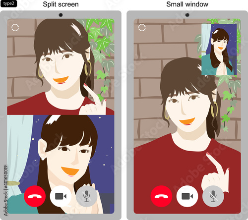 ビデオ通話する若い女性2人のスマホ画面のイラスト2　線なし　2パターン