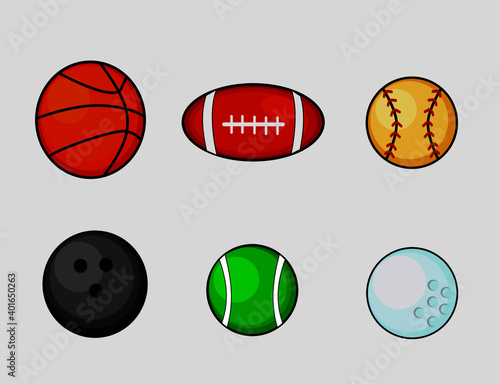 illustration of various kinds of balls in sports, basketball, baseball, tennis, golf, bowling, icon