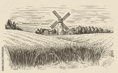 Windmill in a rural landscape. Wheat field sketch vintage vector illustration