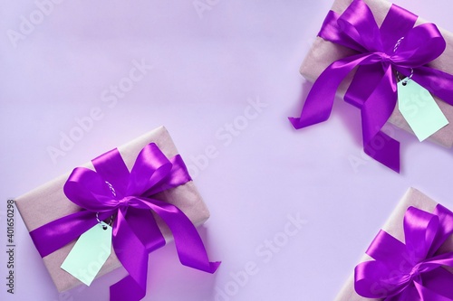 present gift boxes with lilac ribbon. Valentine s day  birthday present  international women day concept