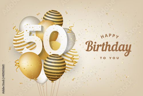 Happy 50th birthday with gold balloons greeting card background. 50 years anniversary. 50th celebrating with confetti. Vector stock
