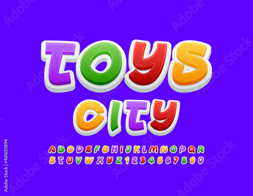 Vector bright emblem Toys City. Creative modern Font. Colorful Alphabet Letters and Numbers set