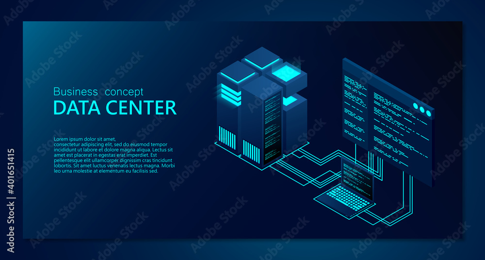 Concept of big data processing center. Isometric Data center. Isometric