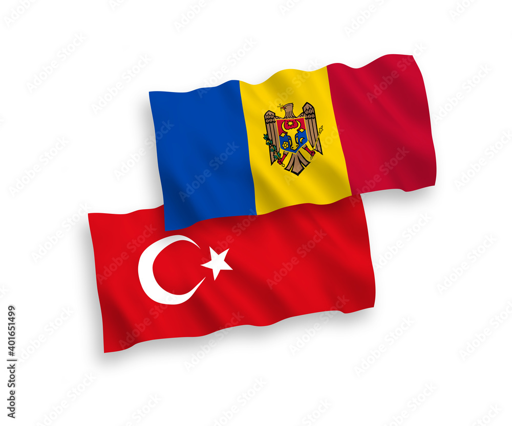 National vector fabric wave flags of Turkey and Moldova isolated on white background. 1 to 2 proportion. National vector fabric wave flags of Turkey and Moldova isolated on white background. 1 to 2 proportion.