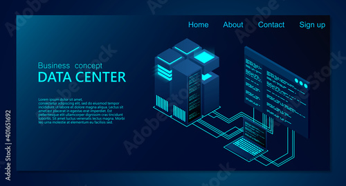 Concept of big data processing center. Isometric Data center. Isometric servers vector design. Data center. Hosting server or data center room concept. vector illustration