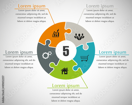 Five sided puzzle presentation infographic template with explanatory text field for business statistics