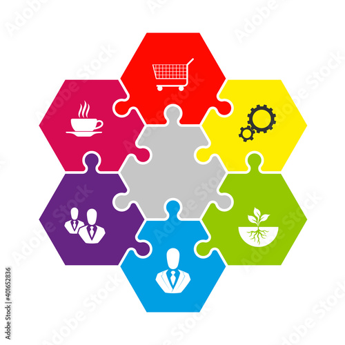 hexagon puzzle presentation infographic template with explanatory text field for business statistics
