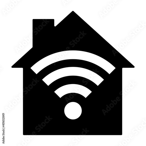 Black wireless network wifi house icon isolated on white