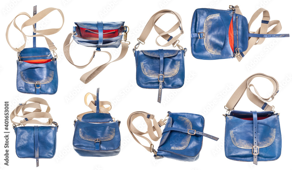 set of blue leather casual women's bag with textile strap isolated on white background set of blue leather casual women's bag with textile strap isolated on white background