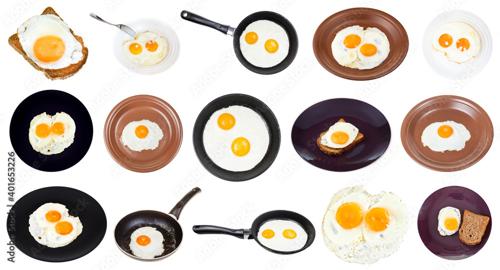collection of various fried eggs on plates and pans isolated on white background collection of various fried eggs on plates and pans isolated on white background