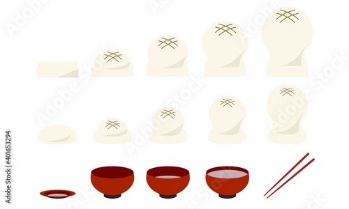 焼き餅　お椀　ベクター　イラスト　セット　素材　暖色