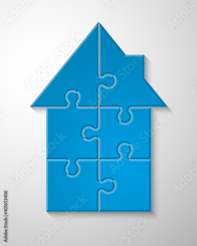 Puzzle house presentation. Home puzzles kit banner. Infographic template with explanatory text field for business statistics. Abstract puzzle building illustration. Pieces simple home game set