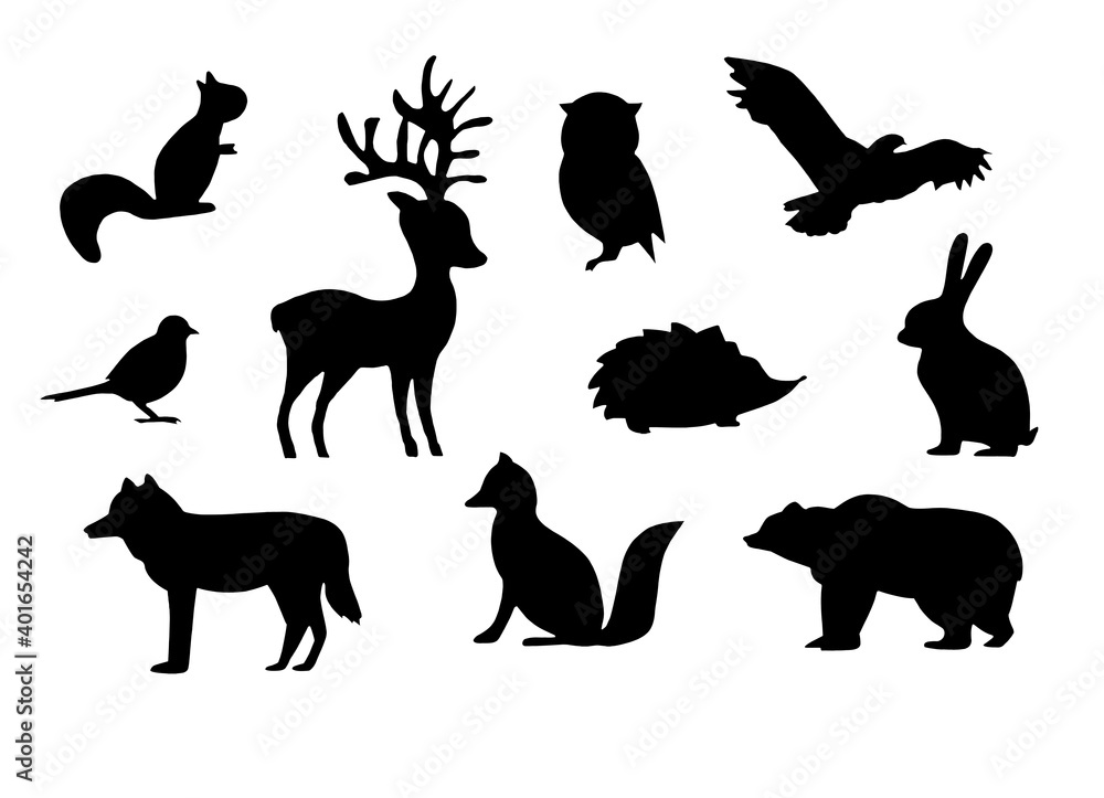 Fototapeta premium Black line Forest animals Silhouette isolated on a white background.