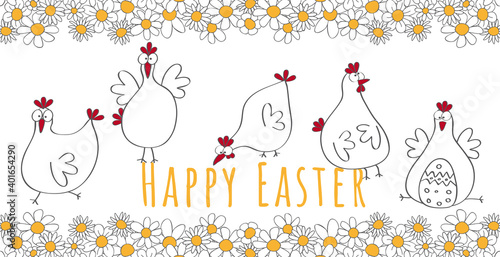 Happy Easter Greeting card with funny happy chicken in a frame of white daisies, vector, illustration, cartoon