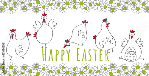Happy Easter Greeting card with funny happy chicken in a frame of green flowers, vector, illustration, cartoon