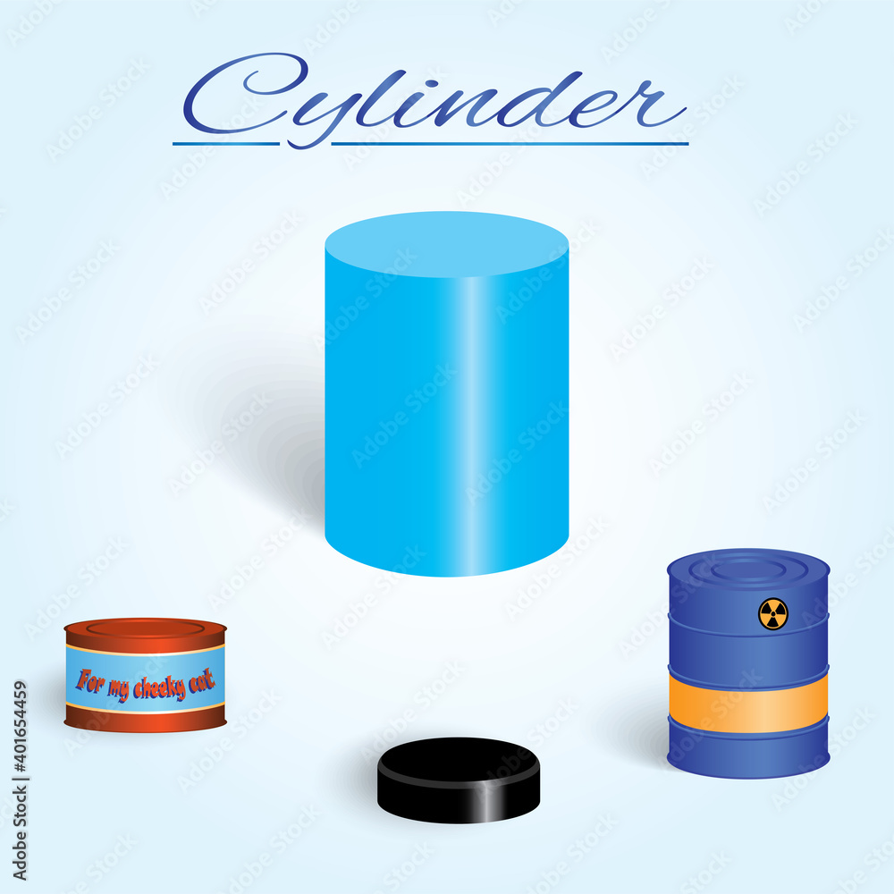 C.ylinder. Image of volumetric geometrical figure with examples of such objects form C.ylinder. Image of volumetric geometrical figure with examples of such objects form