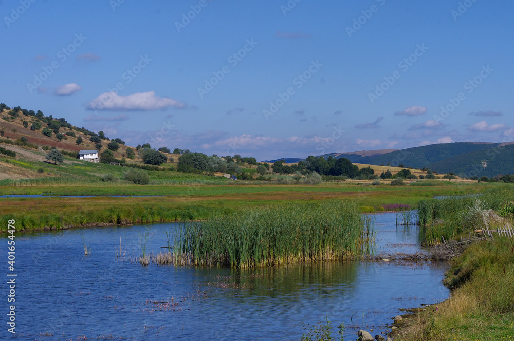 Fototapeta premium View of the hill, reeds and lake.